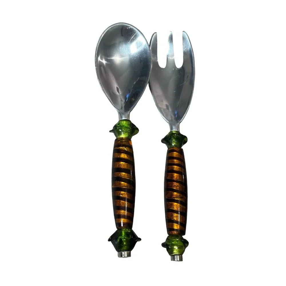 Murano Style Glass Handle Salad Serving Set Green Amber Stainless Steel 10in